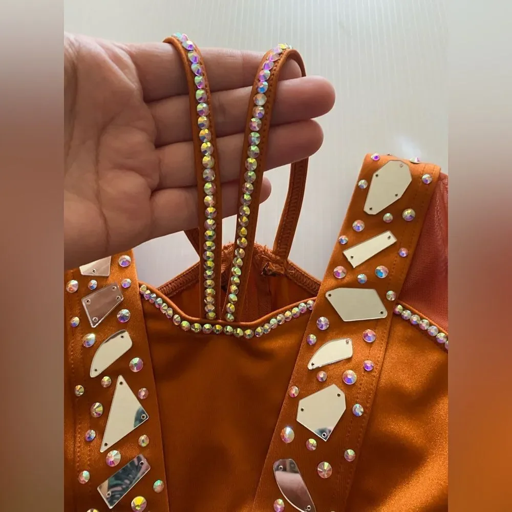 Weissman solo custom rhinestone dance costume orange Baba O'Riley 15845 MC child - Picture 9 of 15
